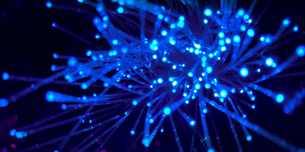 close up of blue strands of lights on black background, innovative portfolios perspectives