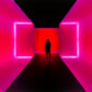 dark silhouette of a person standing at the end of a tunnel with neon pink walls, innovative portfolios perspectives